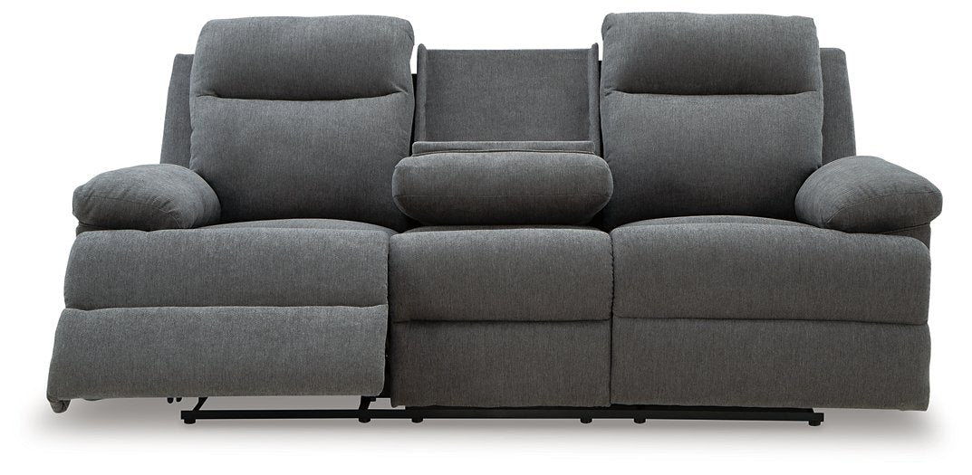 Side-Swipe Reclining Sofa with Drop Down Table