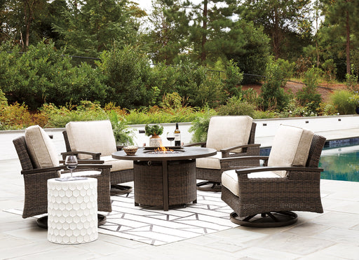 Paradise Trail Paradise Trail Fire Pit Table with 4 Nuvella Swivel Lounge Chairs - Alexander's Furniture (Blairsville, GA)