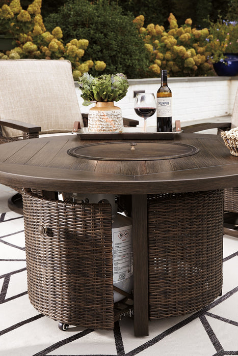 Paradise Trail Paradise Trail Fire Pit Table with 4 Nuvella Swivel Lounge Chairs - Alexander's Furniture (Blairsville, GA)