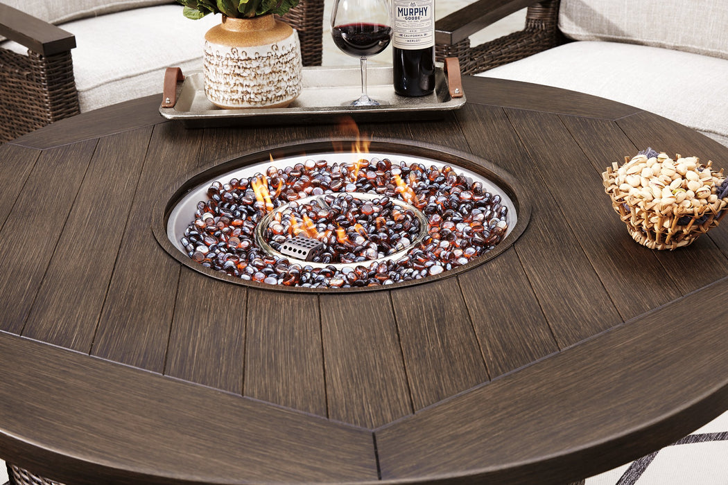 Paradise Trail Paradise Trail Fire Pit Table with 4 Nuvella Swivel Lounge Chairs - Alexander's Furniture (Blairsville, GA)